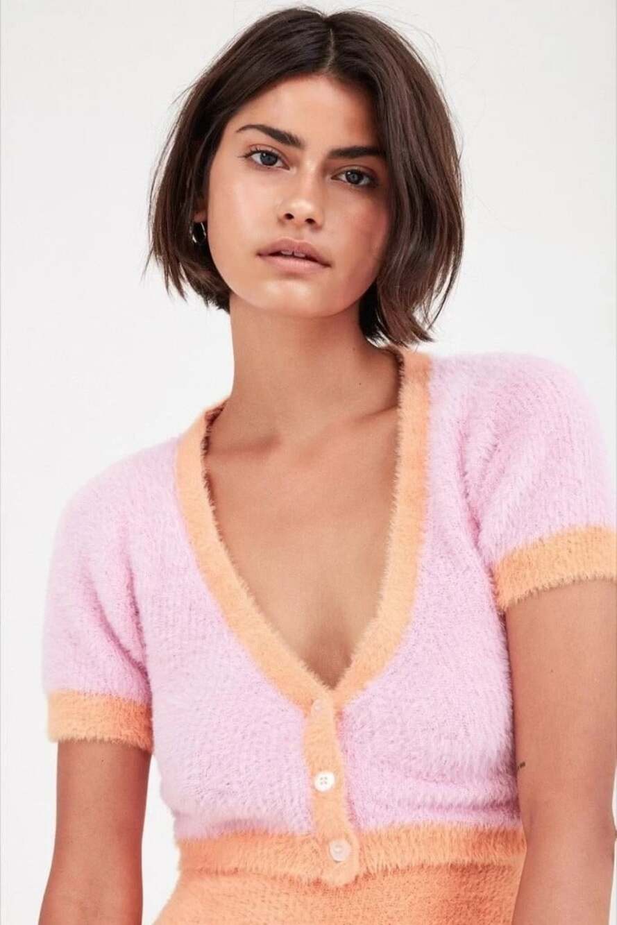 For Love & Lemons Pink Alanis Fuzzy Crop Cardigan Sweater Tag L Fits S/M